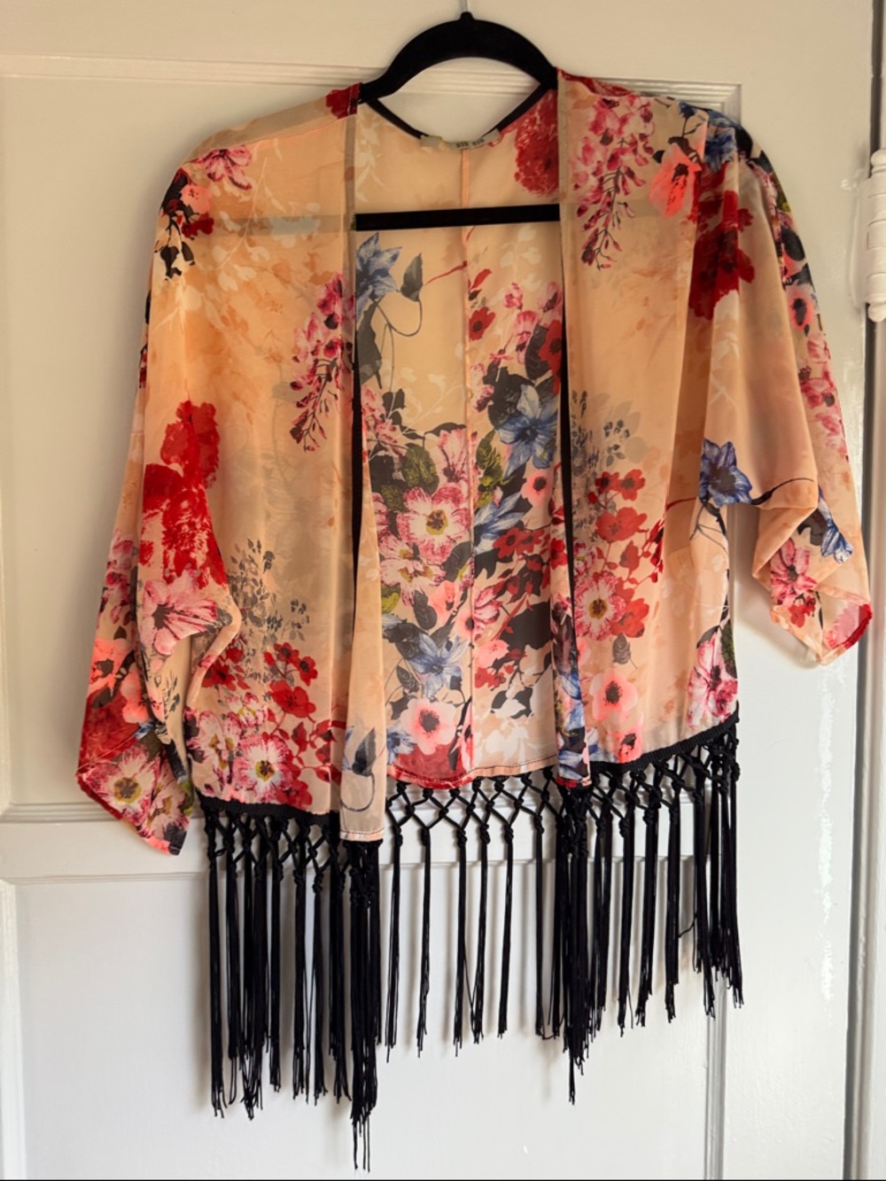 Sis Sis Floral Fringe Kimono Jacket in Peach and Black with Fringe